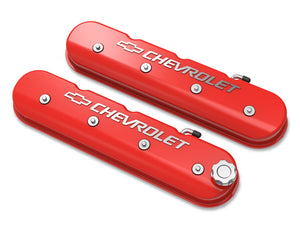Tall LS Valve Cover With Bowtie/Chevrolet Logo – Gloss Red Machined Finished